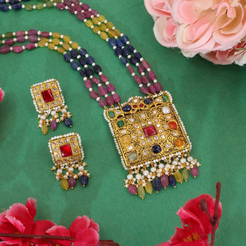 Navratna & Multi-Sapphire Polki Gold Pendant Set