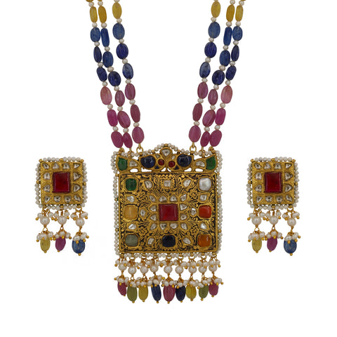 Navratna & Multi-Sapphire Polki Gold Pendant Set