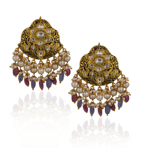 Partash Gold Polki Pendant Set with Tanzanite, Ruby & Pearl Accents