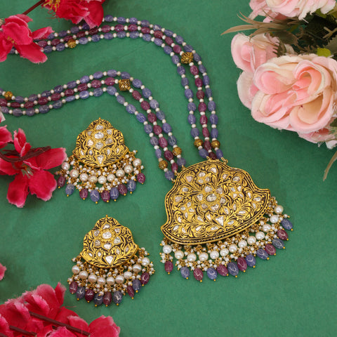Partash Gold Polki Pendant Set with Tanzanite, Ruby & Pearl Accents
