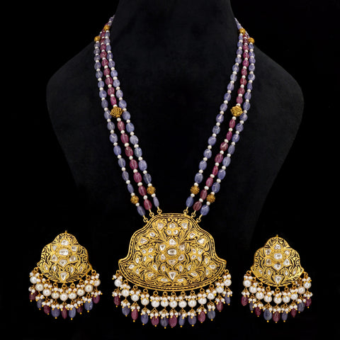 Partash Gold Polki Pendant Set with Tanzanite, Ruby & Pearl Accents