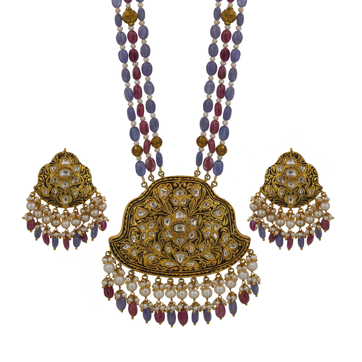 Partash Gold Polki Pendant Set with Tanzanite, Ruby & Pearl Accents