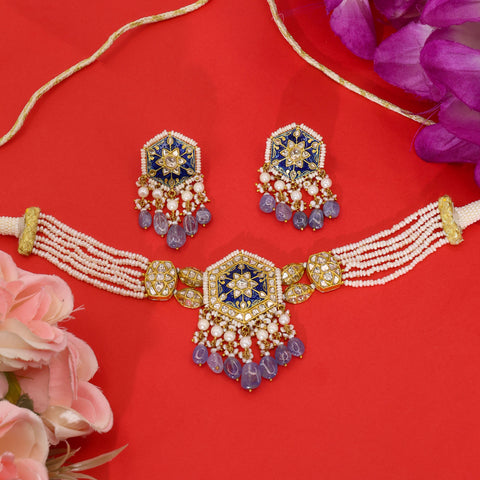 Blue Meenakari Polki Choker with Tanzanite Drops
