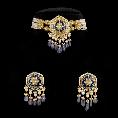 Blue Meenakari Polki Choker with Tanzanite Drops