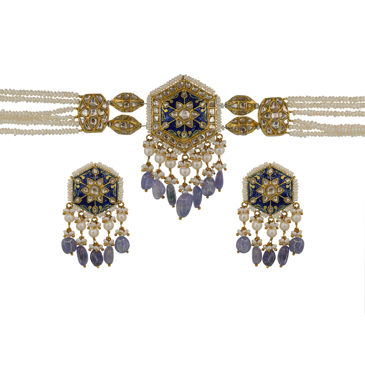 Blue Meenakari Polki Choker with Tanzanite Drops