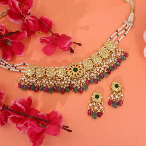 Traditional Polki & Glass-Filled Ruby-Emerald Pearl Choker Set
