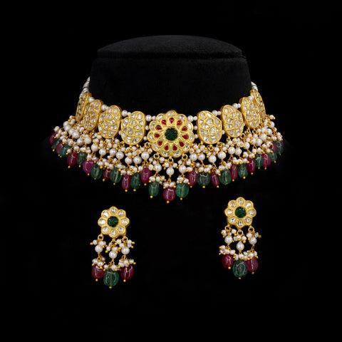 Traditional Polki & Glass-Filled Ruby-Emerald Pearl Choker Set