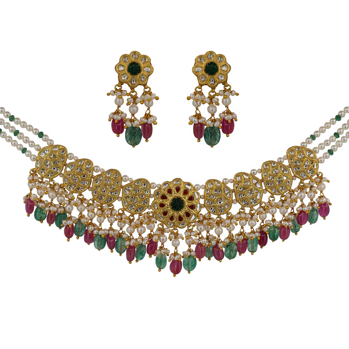 Traditional Polki & Glass-Filled Ruby-Emerald Pearl Choker Set