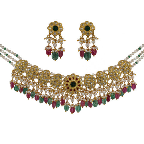 Traditional Polki & Glass-Filled Ruby-Emerald Pearl Choker Set
