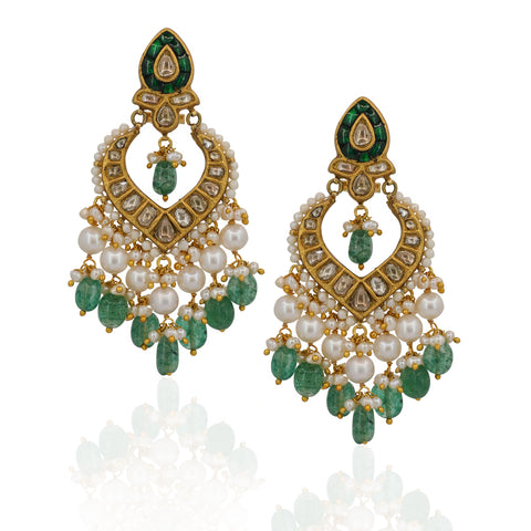 Natural Polki Diamond & Glass-Filled Emerald Chandbaalis