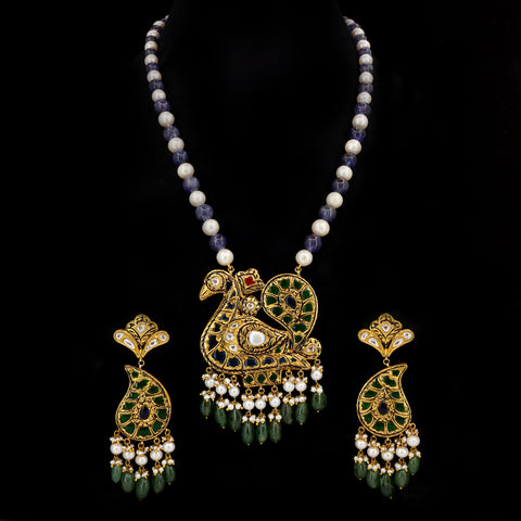 Luxury Peacock Polki Pendant Set with Tanzanite & Pearl Beads