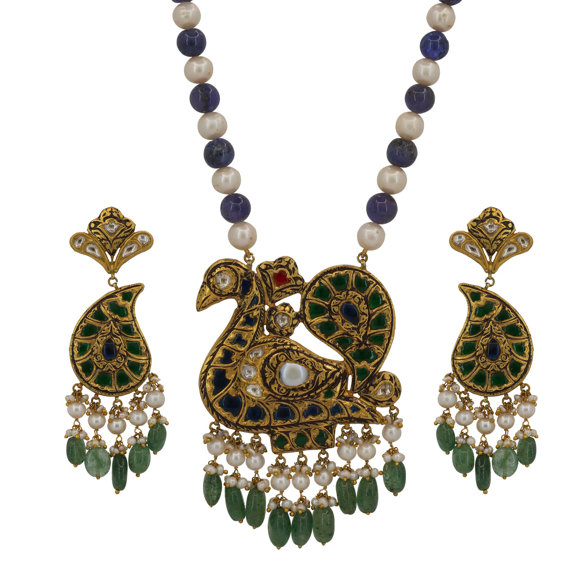 Luxury Peacock Polki Pendant Set with Tanzanite & Pearl Beads
