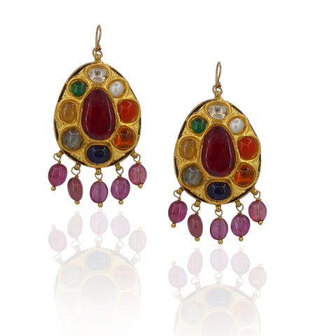 Gold Navratna Pendant Set with Syndicate Polki & Ruby Beads