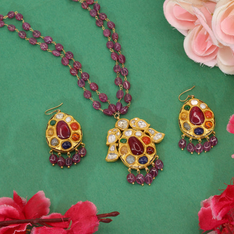 Gold Navratna Pendant Set with Syndicate Polki & Ruby Beads