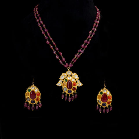 Gold Navratna Pendant Set with Syndicate Polki & Ruby Beads