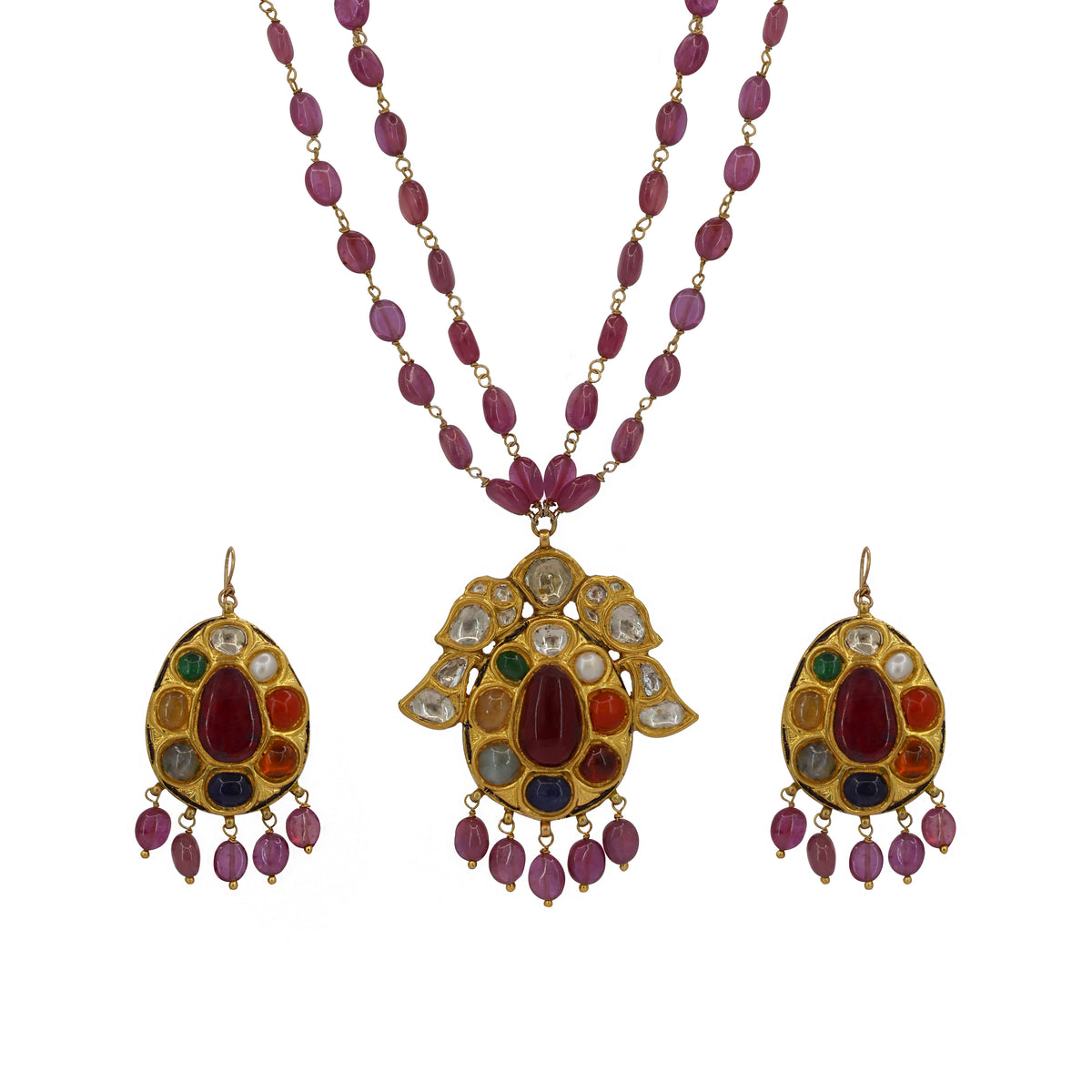 Gold Navratna Pendant Set with Syndicate Polki & Ruby Beads