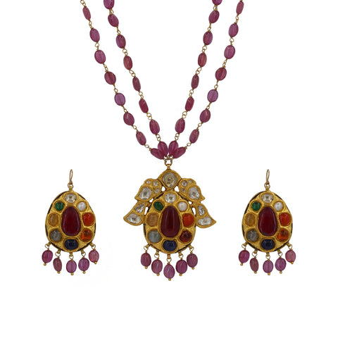Gold Navratna Pendant Set with Syndicate Polki & Ruby Beads
