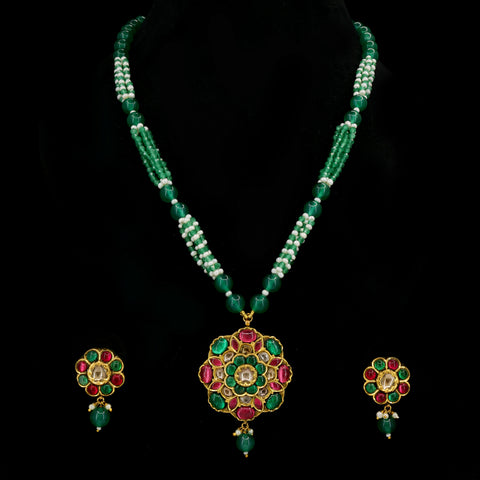 Emerald & Ruby Glass-Filled Polki Diamond Pendant Set with Beaded Pearl Strings