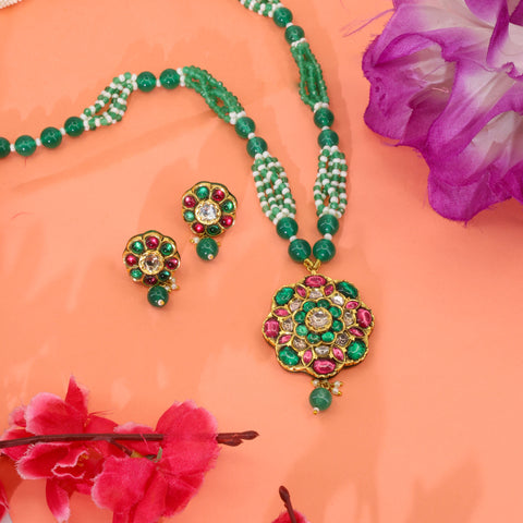 Emerald & Ruby Glass-Filled Polki Diamond Pendant Set with Beaded Pearl Strings