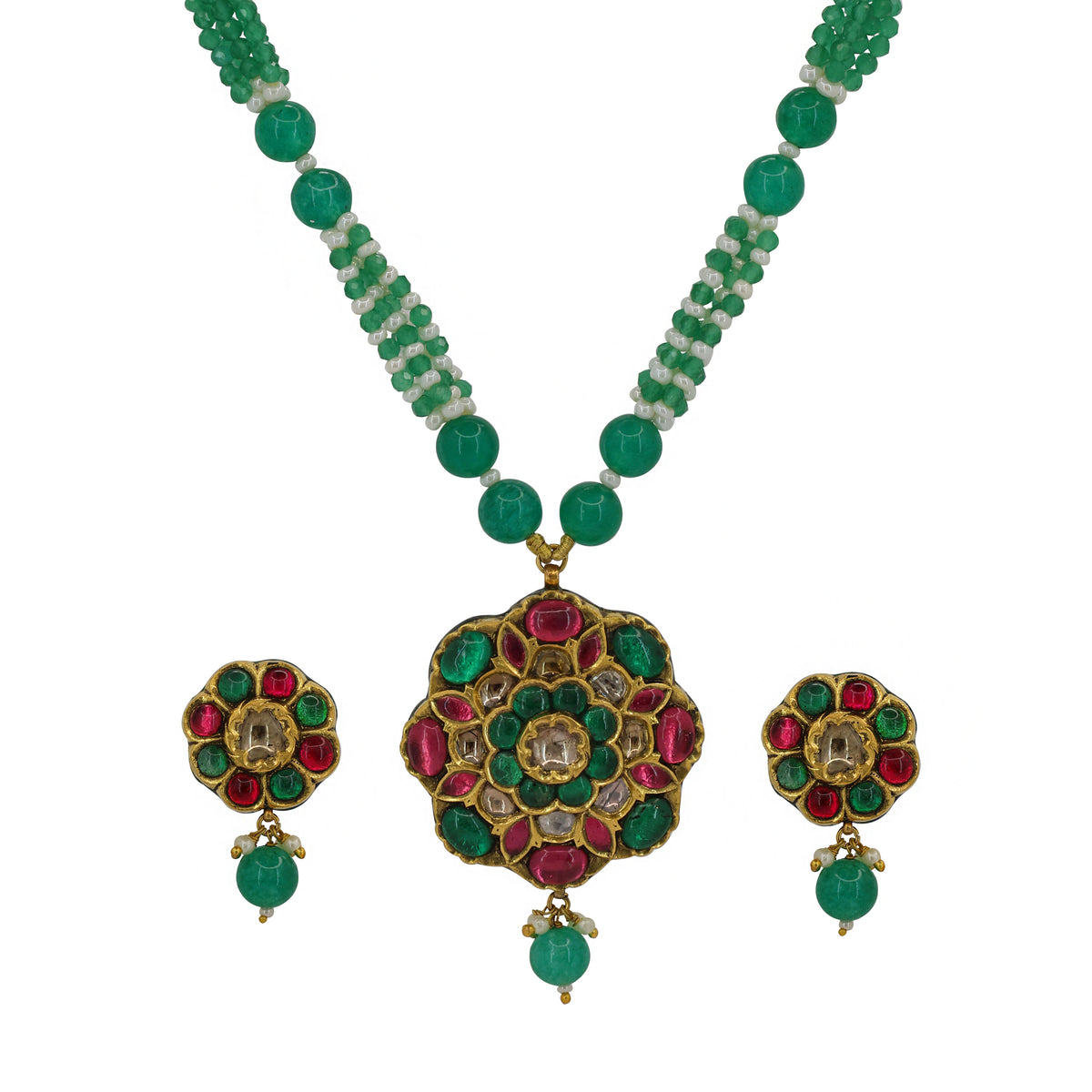 Emerald & Ruby Glass-Filled Polki Diamond Pendant Set with Beaded Pearl Strings