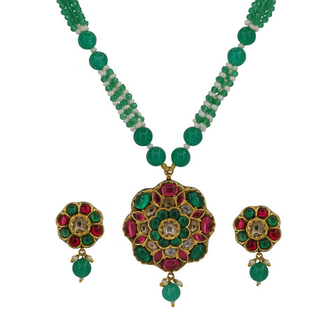 Emerald & Ruby Glass-Filled Polki Diamond Pendant Set with Beaded Pearl Strings