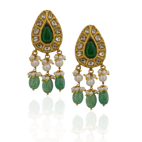 Vibrant Emerald & Polki Diamond Heritage Pendant Set in Multi-Strand Pearls