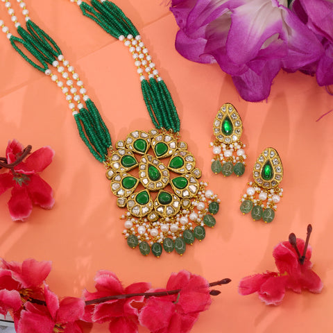 Vibrant Emerald & Polki Diamond Heritage Pendant Set in Multi-Strand Pearls