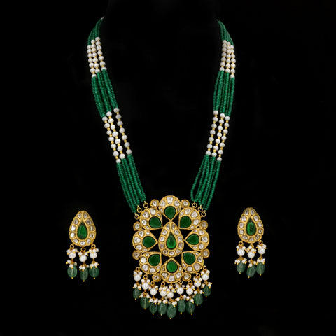 Vibrant Emerald & Polki Diamond Heritage Pendant Set in Multi-Strand Pearls
