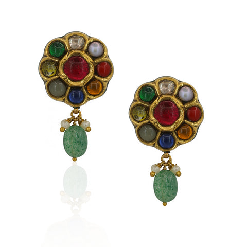 Navratna Gold Pendant Set with Natural Syndicate Polki & Multi-Strand Pearls