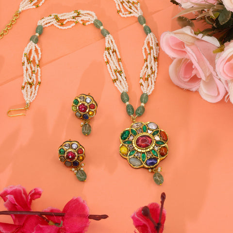Navratna Gold Pendant Set with Natural Syndicate Polki & Multi-Strand Pearls