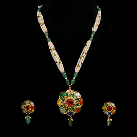 Navratna Gold Pendant Set with Natural Syndicate Polki & Multi-Strand Pearls