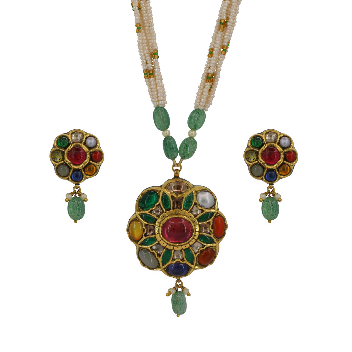 Navratna Gold Pendant Set with Natural Syndicate Polki & Multi-Strand Pearls
