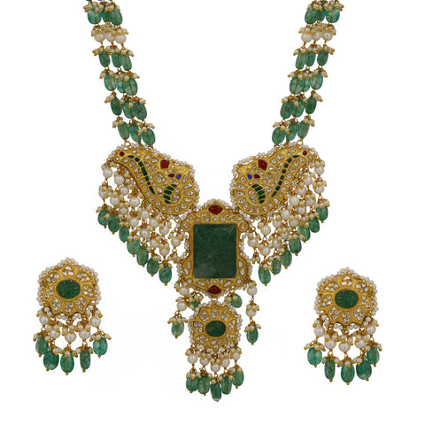 Gold Natural Polki Diamond Pendant Set with Carved Emerald Glass & Pearl Bead Strings