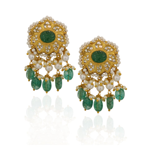 Gold Natural Polki Diamond Pendant Set with Carved Emerald Glass & Pearl Bead Strings