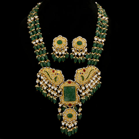 Gold Natural Polki Diamond Pendant Set with Carved Emerald Glass & Pearl Bead Strings