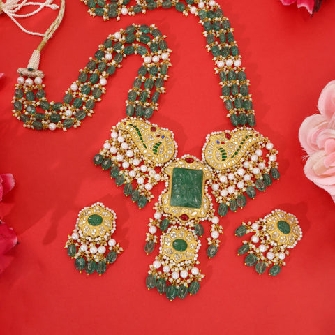 Gold Natural Polki Diamond Pendant Set with Carved Emerald Glass & Pearl Bead Strings