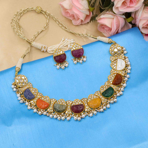 Gold Navratan Necklace Set (Hallmark 91.6)