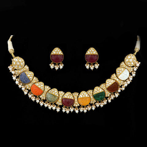 Gold Navratan Necklace Set (Hallmark 91.6)