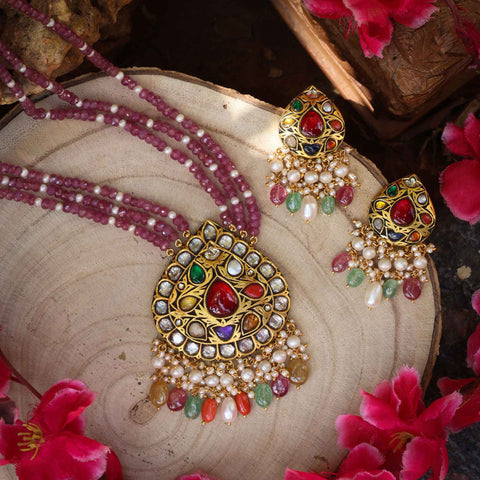 Regal Navratna Moissanite Pendant Set in Glass Ruby & Pearl Strings