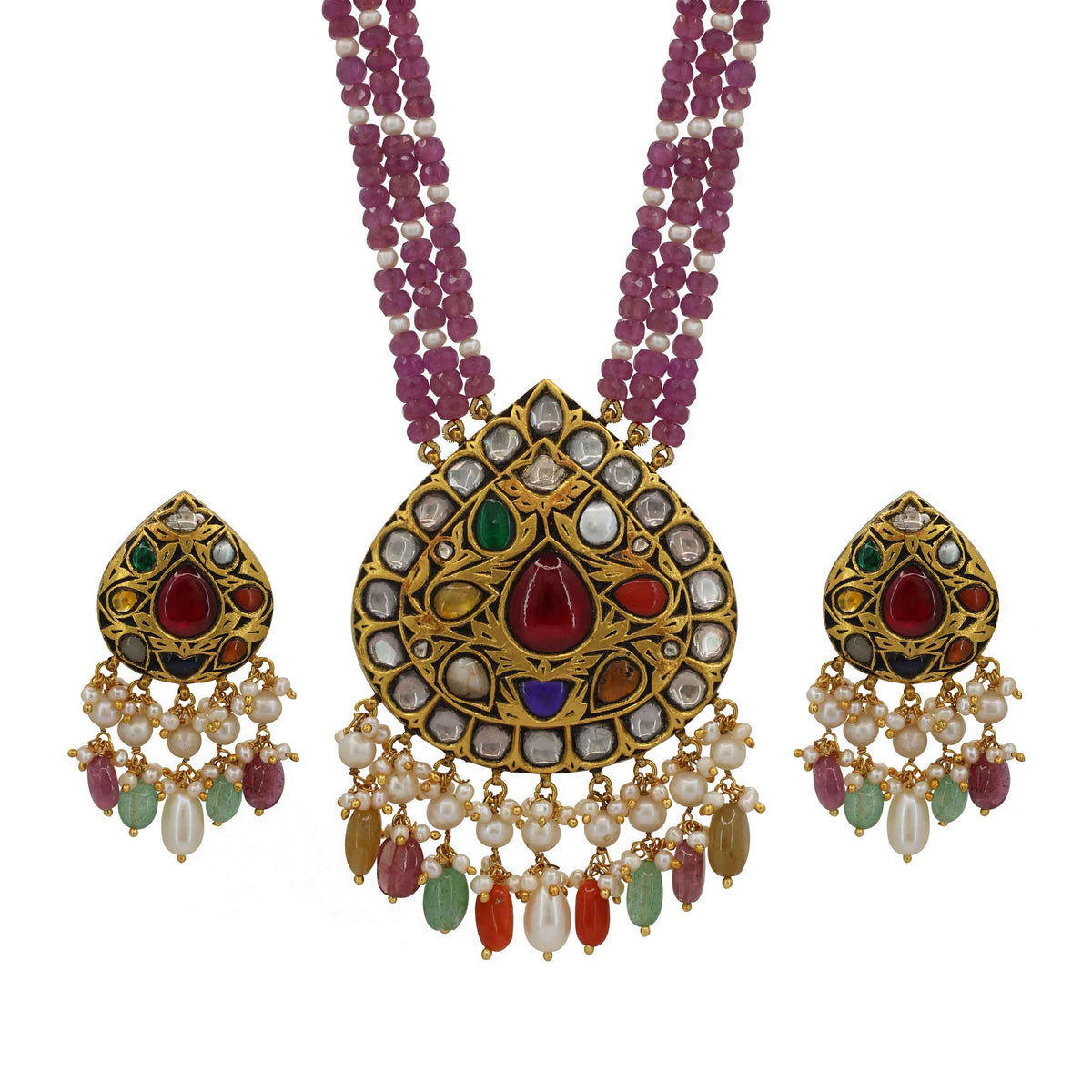 Regal Navratna Moissanite Pendant Set in Glass Ruby & Pearl Strings