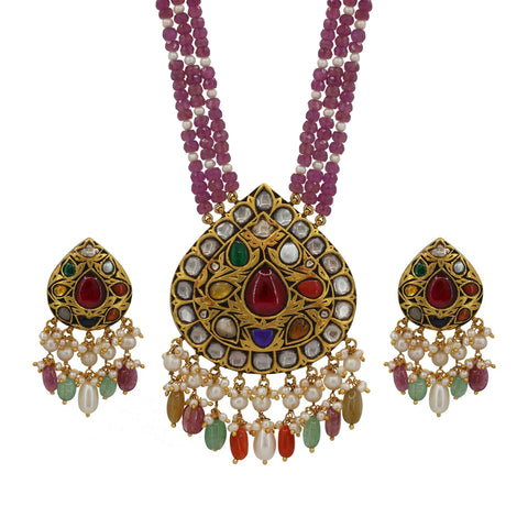Regal Navratna Moissanite Pendant Set in Glass Ruby & Pearl Strings