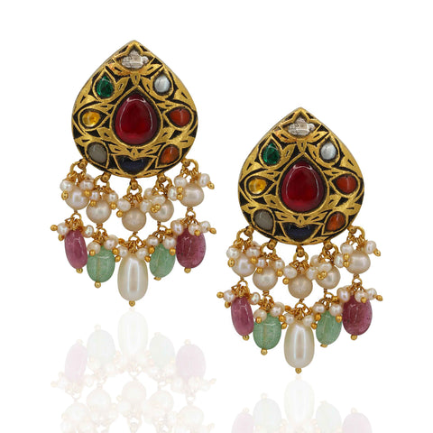 Regal Navratna Moissanite Pendant Set in Glass Ruby & Pearl Strings