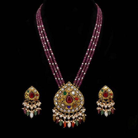 Regal Navratna Moissanite Pendant Set in Glass Ruby & Pearl Strings