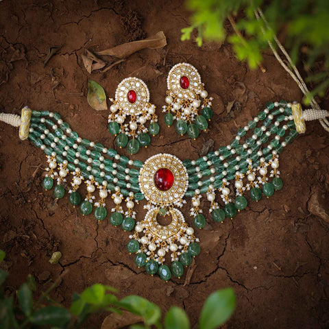 Polki Diamond & Ruby Choker Set with Emerald Beads