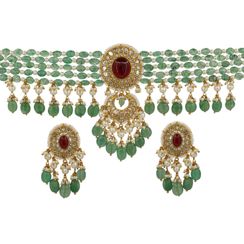 Polki Diamond & Ruby Choker Set with Emerald Beads