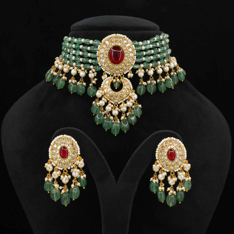 Polki Diamond & Ruby Choker Set with Emerald Beads