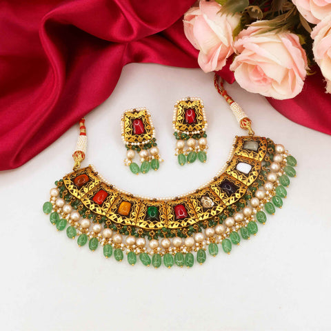 Sarvashakti Navratna Gold Chocker Necklace Set