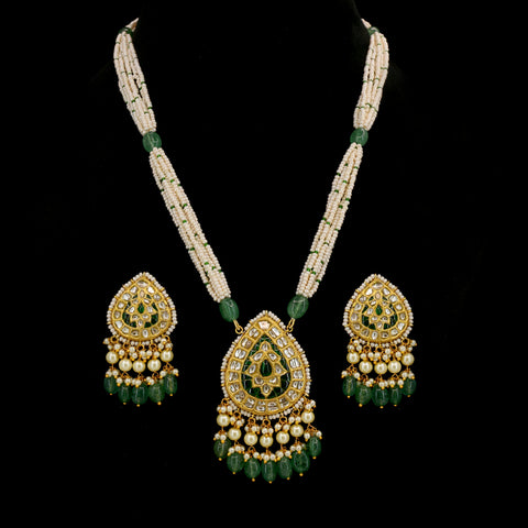 Polki Diamond String Necklace Featuring Glass-Filled Emerald Beads and Fine Seed Pearl Layers