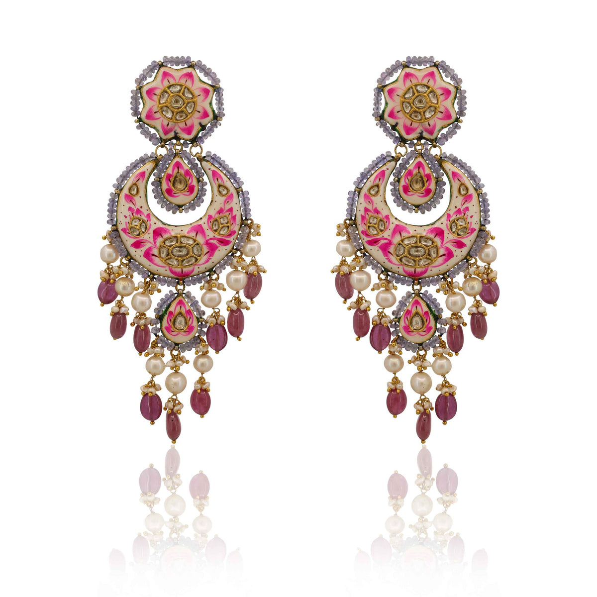 Pink Lotus Enamel & Tanzanite Polki Chandbalis