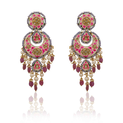 Pink Lotus Enamel & Tanzanite Polki Chandbalis